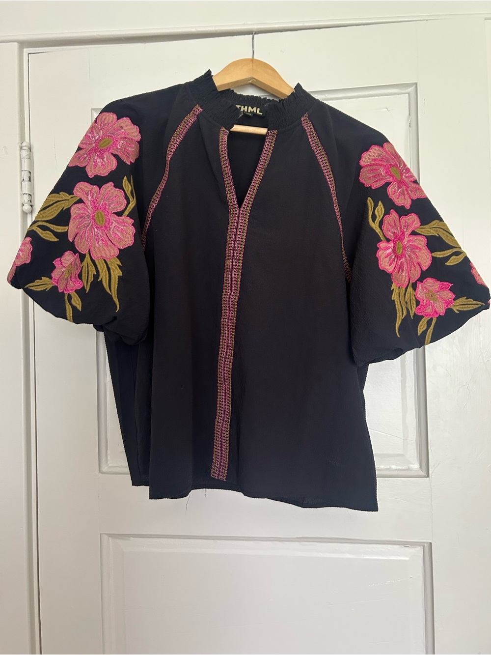 THML Black Blouse with Pink Floral Embroidered Sleeves - Picture 2 of 7